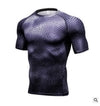 Dark purple scale-patterned compression shirt, fitted athletic fit, short sleeves, breathable fabric