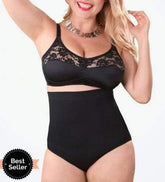 Woman wearing black lace bralette and high-waisted seamless shapewear bodysuit