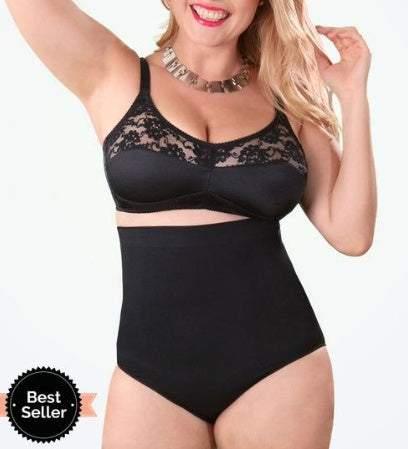Woman wearing black lace bralette and high-waisted seamless shapewear bodysuit