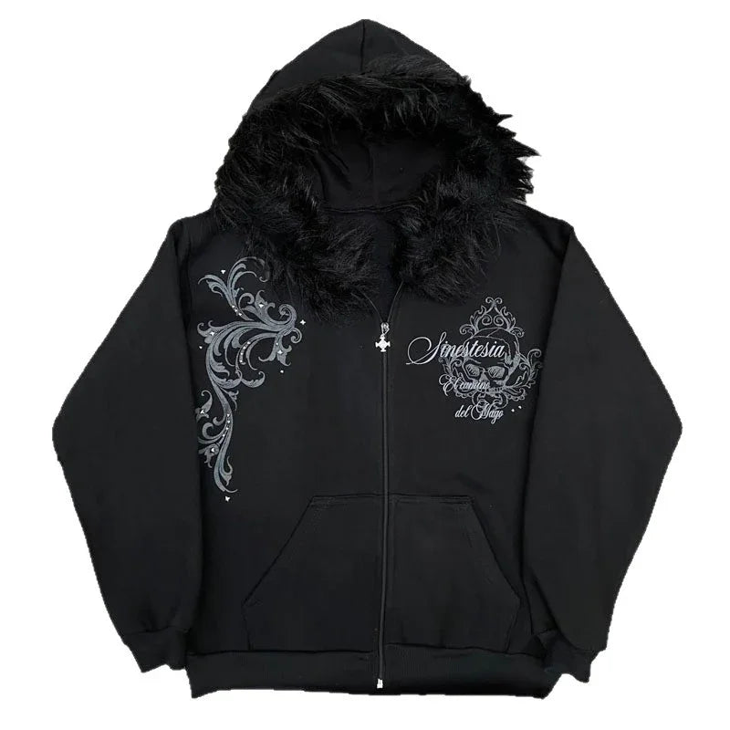 Black zip-up hoodie with faux fur hood, silver baroque embroidery, relaxed fit streetwear
