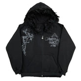 Black zip-up hoodie with faux fur hood, silver baroque embroidery, relaxed fit streetwear