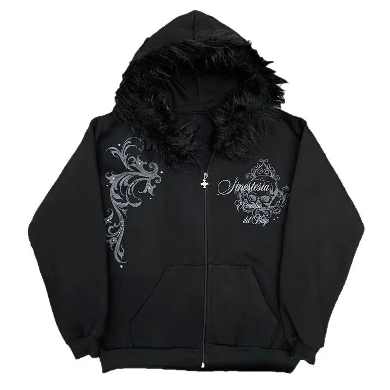 Black zip-up hoodie with faux fur hood, silver baroque embroidery, relaxed fit streetwear