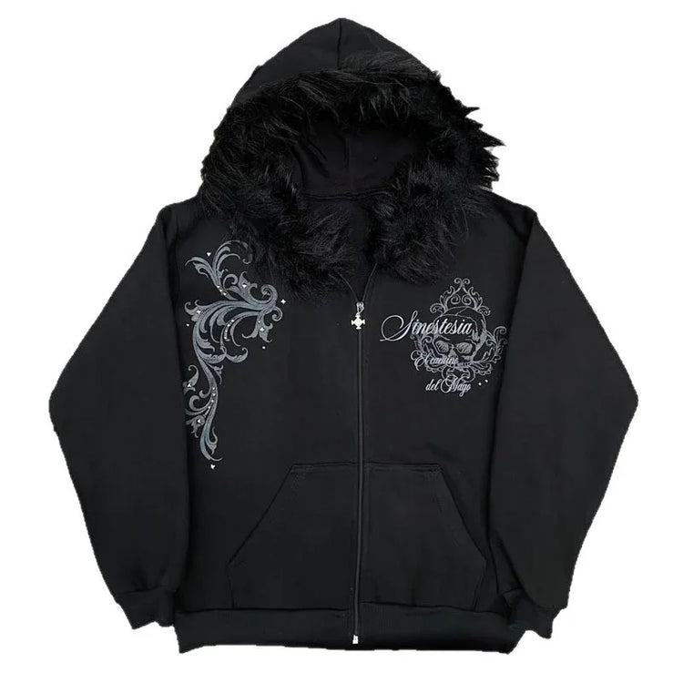 Black zip-up hoodie with faux fur hood, silver baroque embroidery, relaxed fit streetwear