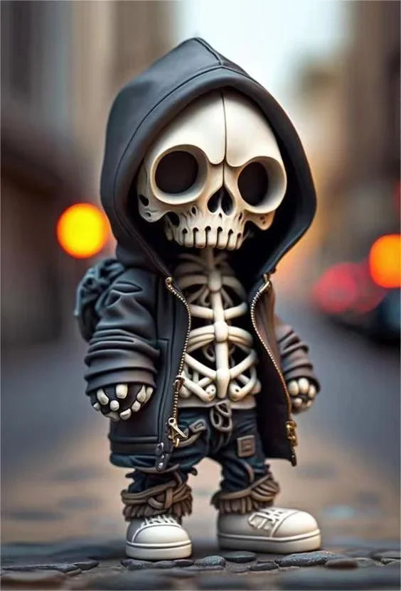 Stylized skeleton figurine in a black streetwear hoodie, baggy pants, and sneakers on city street