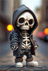 Stylized skeleton figurine in a black streetwear hoodie, baggy pants, and sneakers on city street