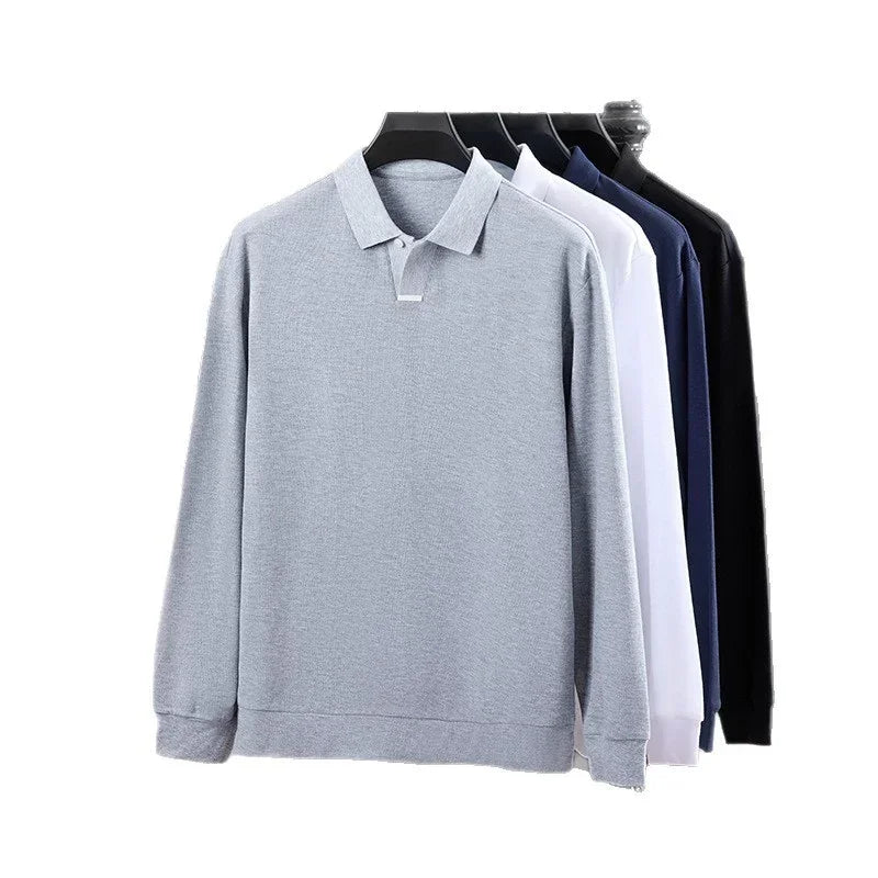 Long sleeve polo shirts in gray, white, navy, and black, cotton blend, relaxed fit