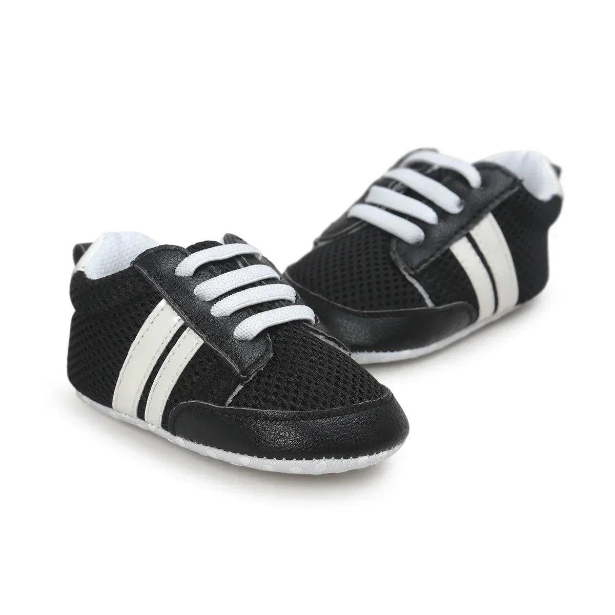 Black mesh baby sneakers with white stripes and lace-up design, sporty fit
