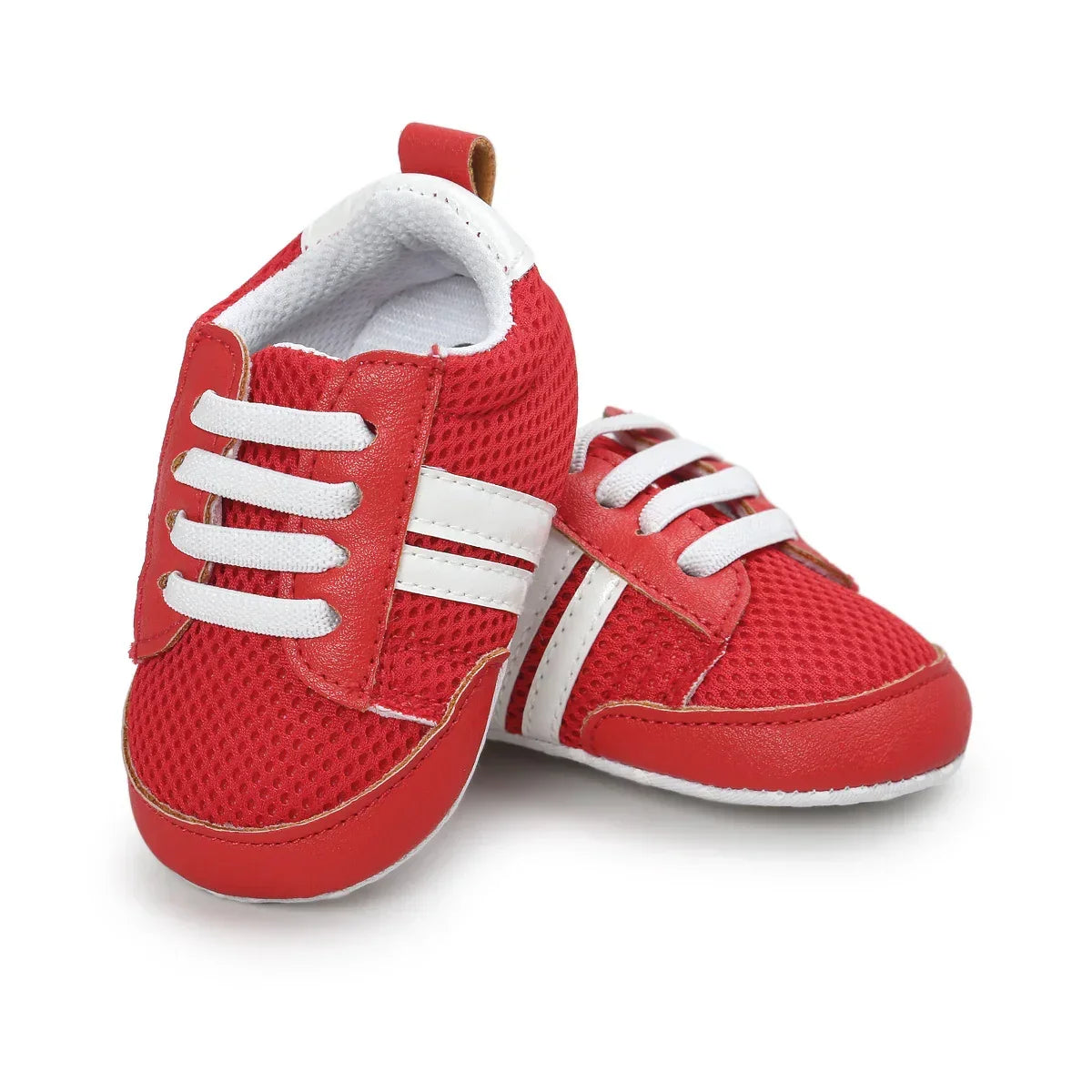 Red mesh baby sneakers with white stripes and laces, soft sole, modern streetwear style