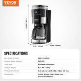 Black and silver drip coffee maker with glass carafe, digital display, and stainless steel accents.