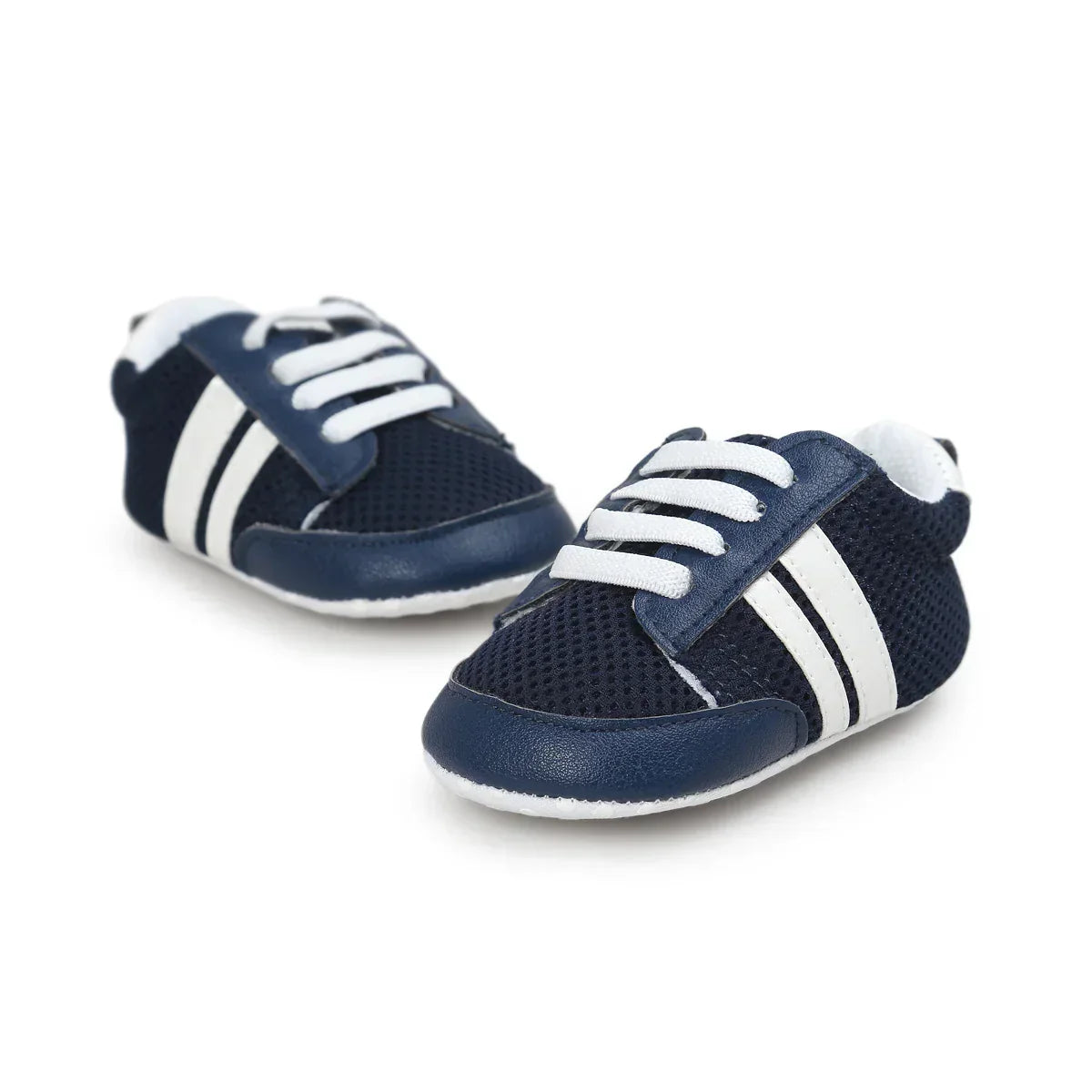 Navy blue mesh baby sneakers with white stripes, faux leather accents, and lace-up design.