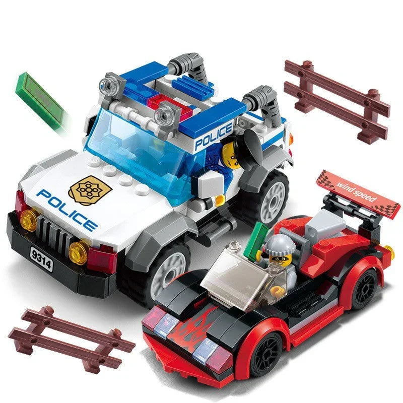 Plastic building block toy police vehicle and red sports car with mini figures and road barriers