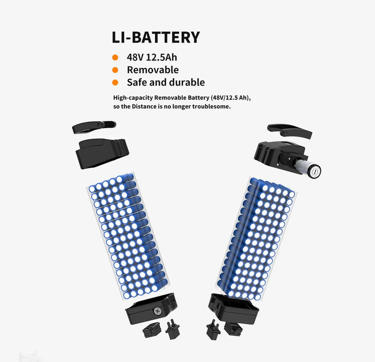 Removable 48V 12.5Ah lithium battery with blue cells and black case components, shown disassembled for electric vehicles.