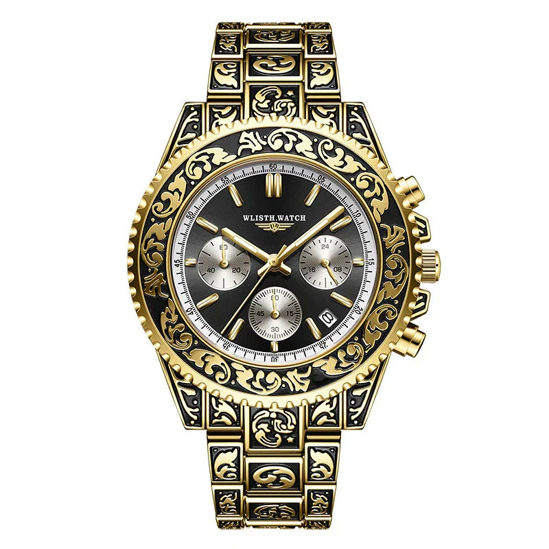 Men’s gold-tone chronograph watch with black dial and ornate engraved metal bracelet