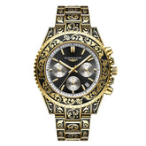 Men’s gold-tone chronograph watch with black dial and ornate engraved metal bracelet