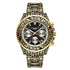Men’s gold-tone chronograph watch with black dial and ornate engraved metal bracelet