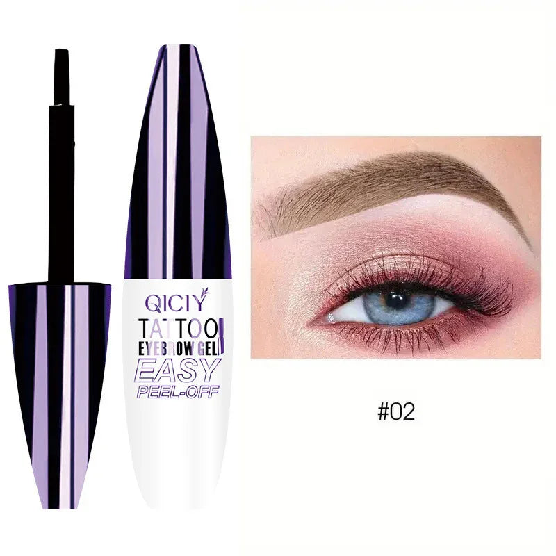 Tattoo eyebrow gel with brush applicator and close-up of styled, natural-looking brown eyebrow.