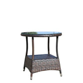 Round outdoor wicker side table with glass top and lower storage shelf, brown finish