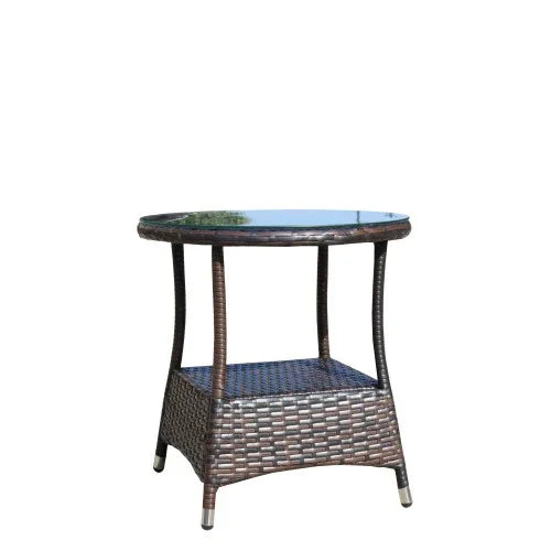 Round outdoor wicker side table with glass top and lower storage shelf, brown finish