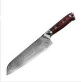 Damascus steel chef knife with intricate blade pattern and dark wood handle, professional kitchen tool