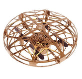 Gold metallic drone with cage design and black propellers, futuristic tech gadget