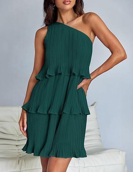 Woman wearing green one-shoulder pleated ruffle mini dress with relaxed fit