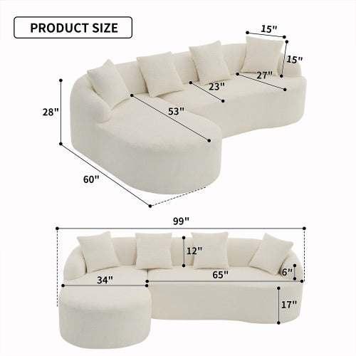 Curved white sherpa sofa with five plush pillows, soft texture, modern rounded shape, and dimensions labeled.