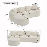 Curved white sherpa sofa with five plush pillows, soft texture, modern rounded shape, and dimensions labeled.