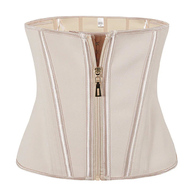 Beige satin corset waist top with metallic zipper front and structured fit