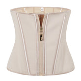 Beige satin corset waist top with metallic zipper front and structured fit