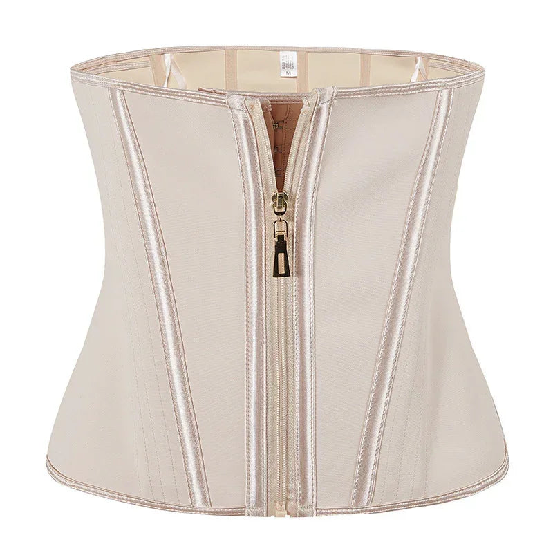 Beige satin corset waist top with metallic zipper front and structured fit