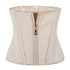 Beige satin corset waist top with metallic zipper front and structured fit