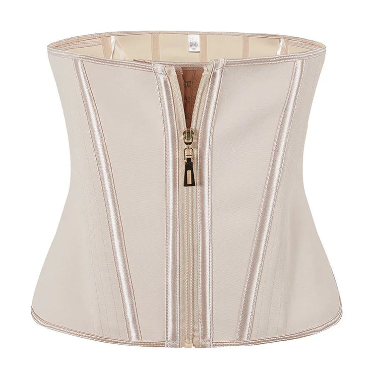 Beige satin corset waist top with metallic zipper front and structured fit