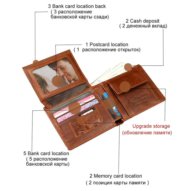 Brown leather bifold wallet with multiple card slots, cash pocket, and clear ID window.