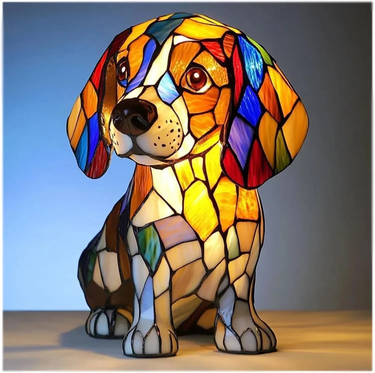 Dog-shaped stained glass lamp with colorful geometric patterns, illuminated and decorative.