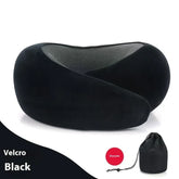 Black ergonomic travel neck pillow with soft velvety fabric and mesh lining, includes storage bag