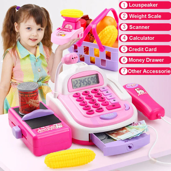 Girl in pastel plaid sleeveless dress with pleated skirt, sitting and playing with a pink and purple toy cash register set.