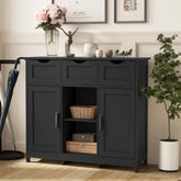Black wood cabinet with three drawers and four doors, modern design, in living room setting