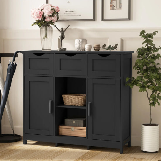 Black wood cabinet with three drawers and four doors, modern design, in living room setting