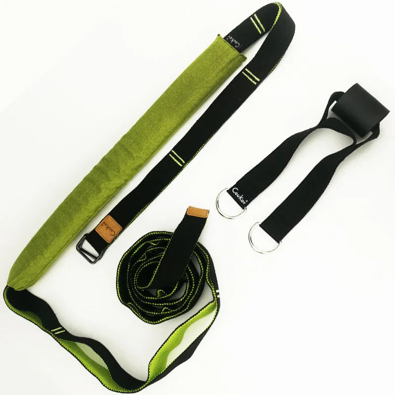 Black and green adjustable fabric straps with metal loops, modern minimalist style.