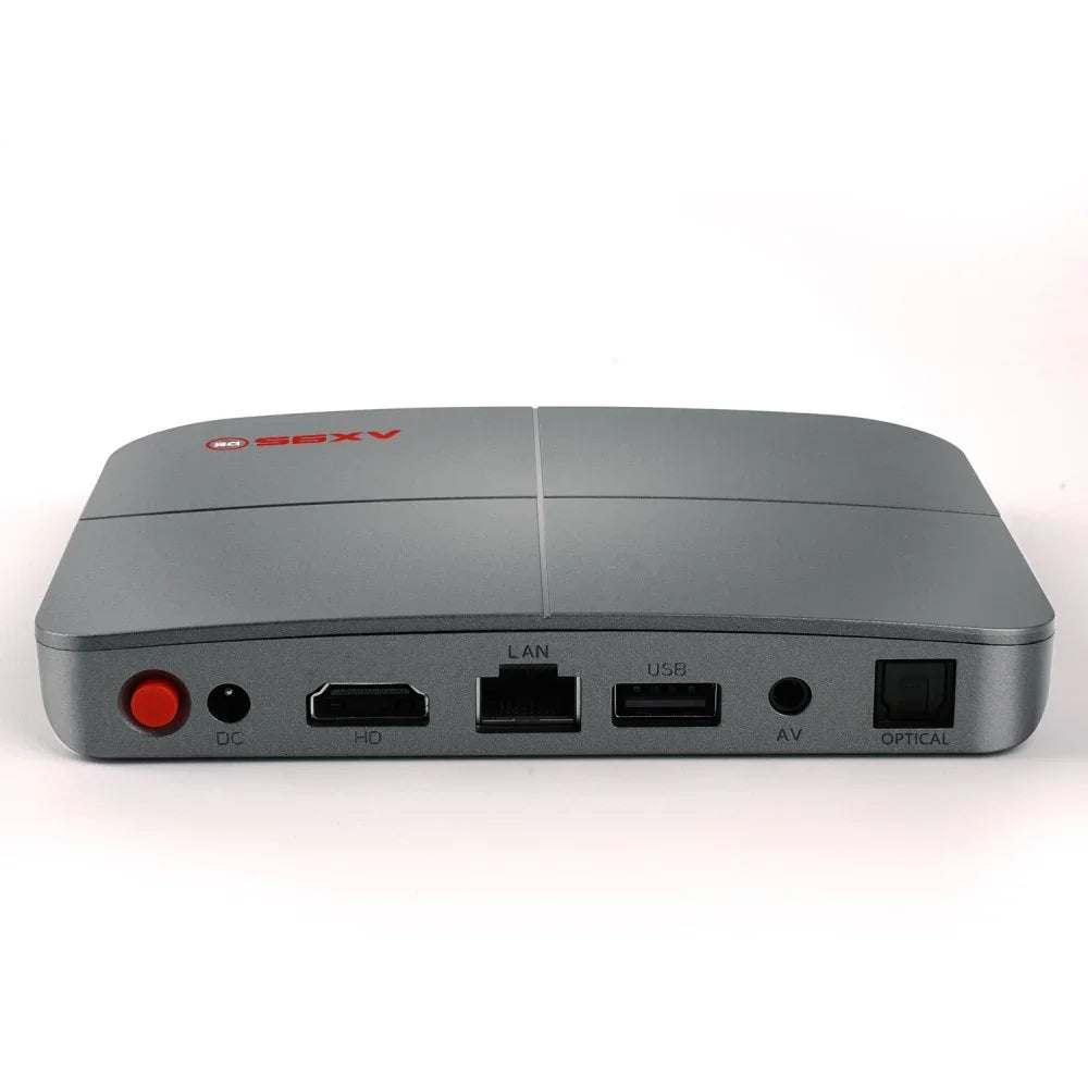 Sleek gray tech device with HDMI, LAN, USB, AV, and optical ports, modern minimalist design