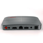 Sleek gray tech device with HDMI, LAN, USB, AV, and optical ports, modern minimalist design