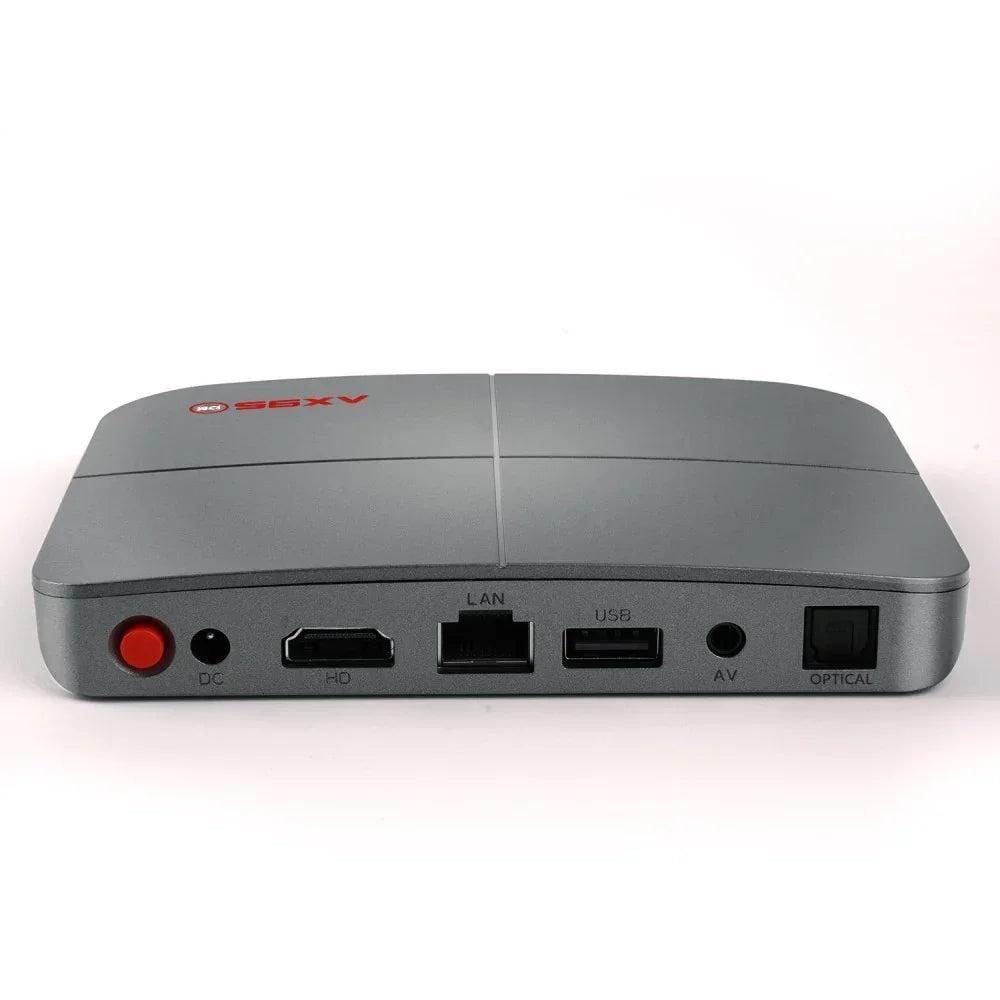 Sleek gray tech device with HDMI, LAN, USB, AV, and optical ports, modern minimalist design