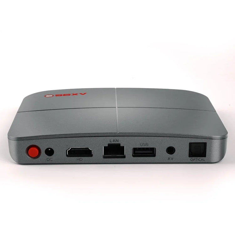 Sleek gray tech device with HDMI, LAN, USB, AV, and optical ports, modern minimalist design