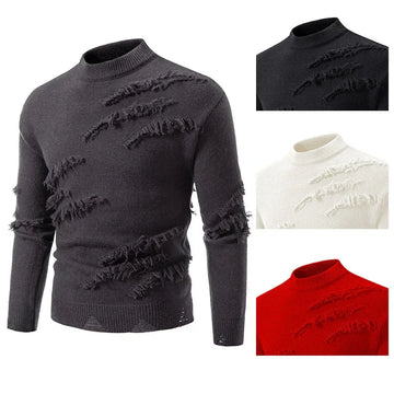 Men's distressed knit sweater in black, white, and red, slim fit, ripped detailing.