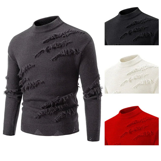 Men's distressed knit sweater in black, white, and red, slim fit, ripped detailing.