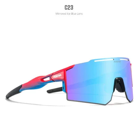 Futuristic streetwear sunglasses with mirrored ice blue lens, red and blue frame, sporty fit