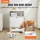 Golden retriever eating from elevated double dog bowl with white cabinet, supports neck and spine