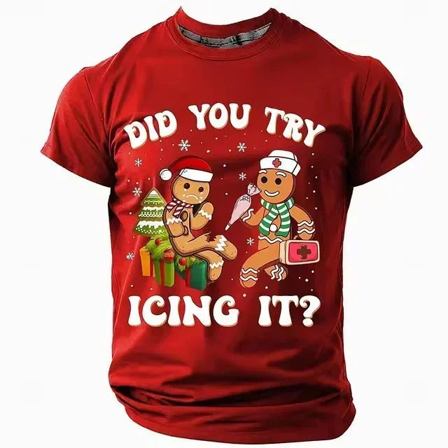 Red cotton t-shirt with fitted style, featuring festive gingerbread cartoon print and holiday graphic text.