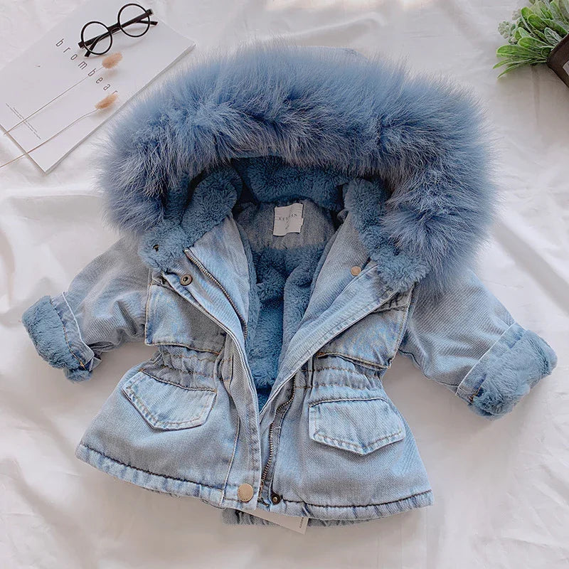 Light blue denim jacket with faux fur lining and hood, relaxed fit, winter casual style