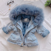 Light blue denim jacket with faux fur lining and hood, relaxed fit, winter casual style